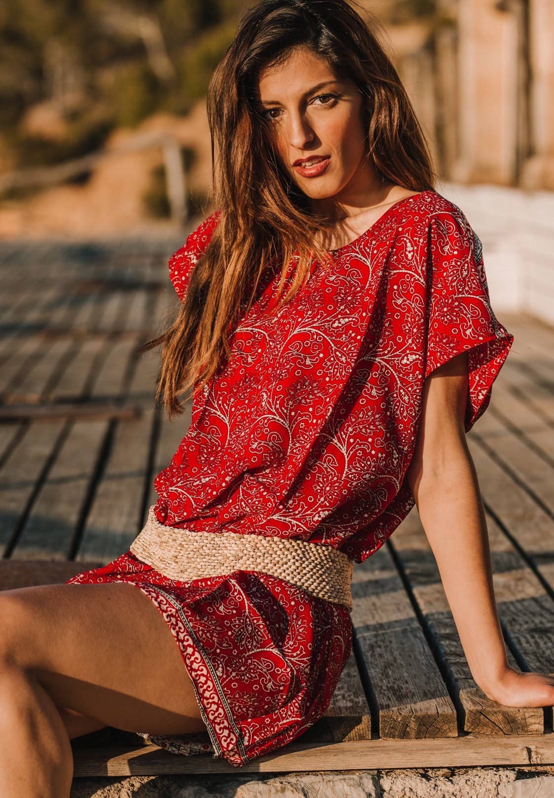 Miss Kitsch – wholesale Dress – Women's – Red Short Dress, Boho Dress, Summer Dress, Beach Dress, Resort Wear, Blouse Dress, Holiday Dress, Short Dress with Sleeve Corfu Dress1