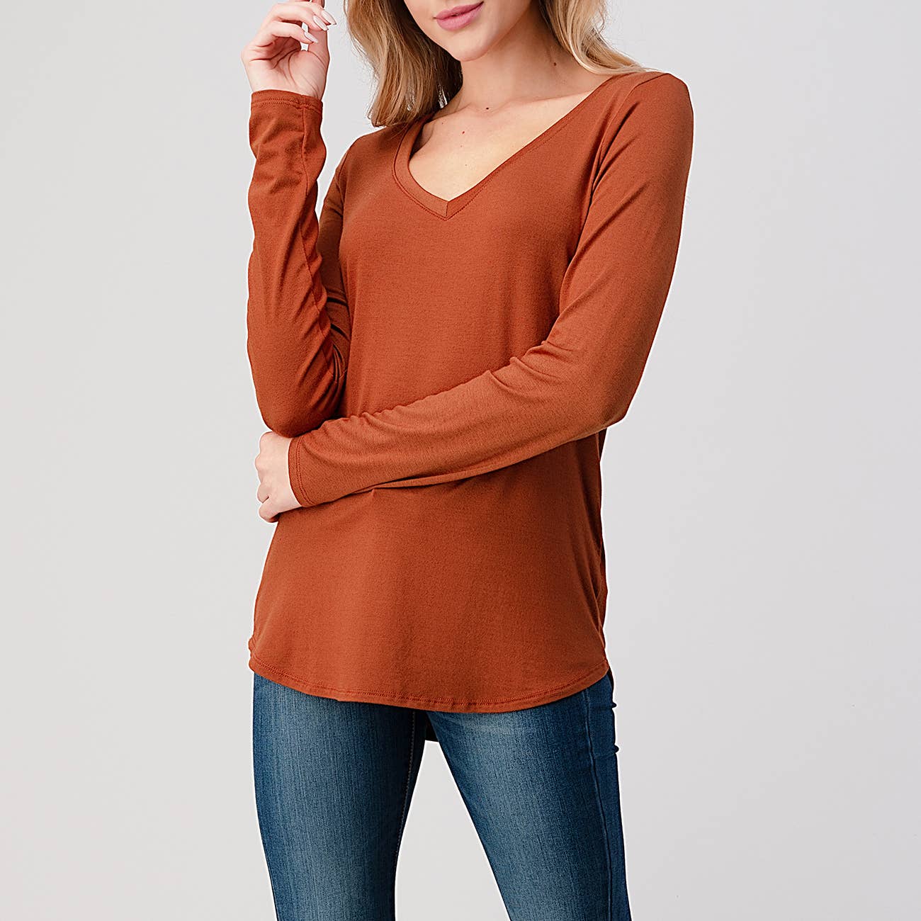 Heimious - Wholesale T-Shirt - Women's - Modal Long Sleeve V-neck Relaxed Fit T-shirt, T24926