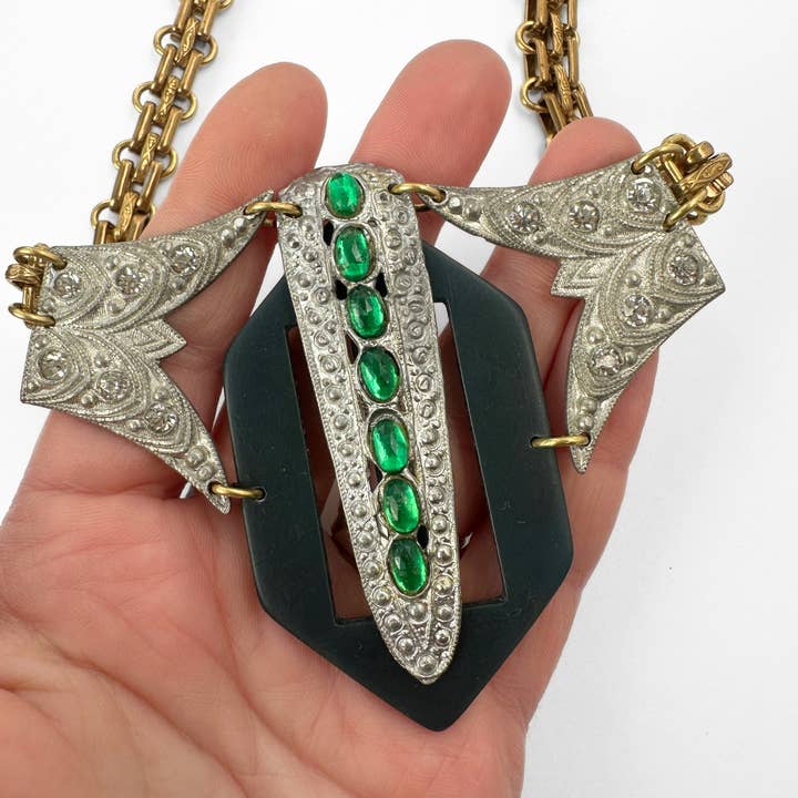 Lulu’s Petals - Wholesale Pendant/Charm Necklace - Refashioned vintage clear and green rhinestone assemblage statement necklace2