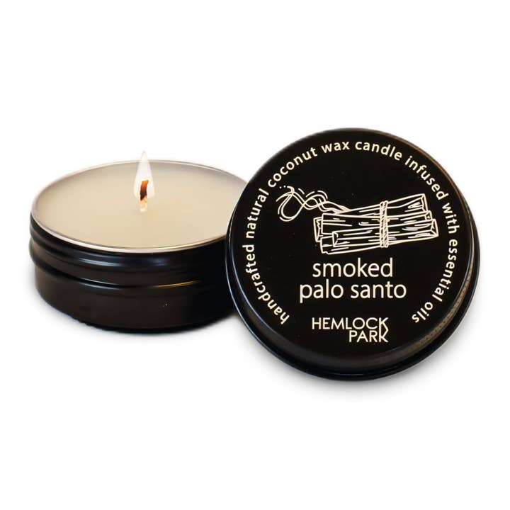 Smoked Palo Santo | 1 oz Travel Size Tea Light Candle for wholesale by Hemlock Park