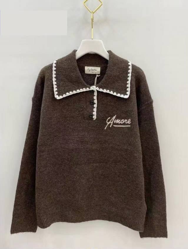 KY CREATION PARIS – wholesale Knitted jumper – Women′s – Polo neck sweater with Amore embroidery2