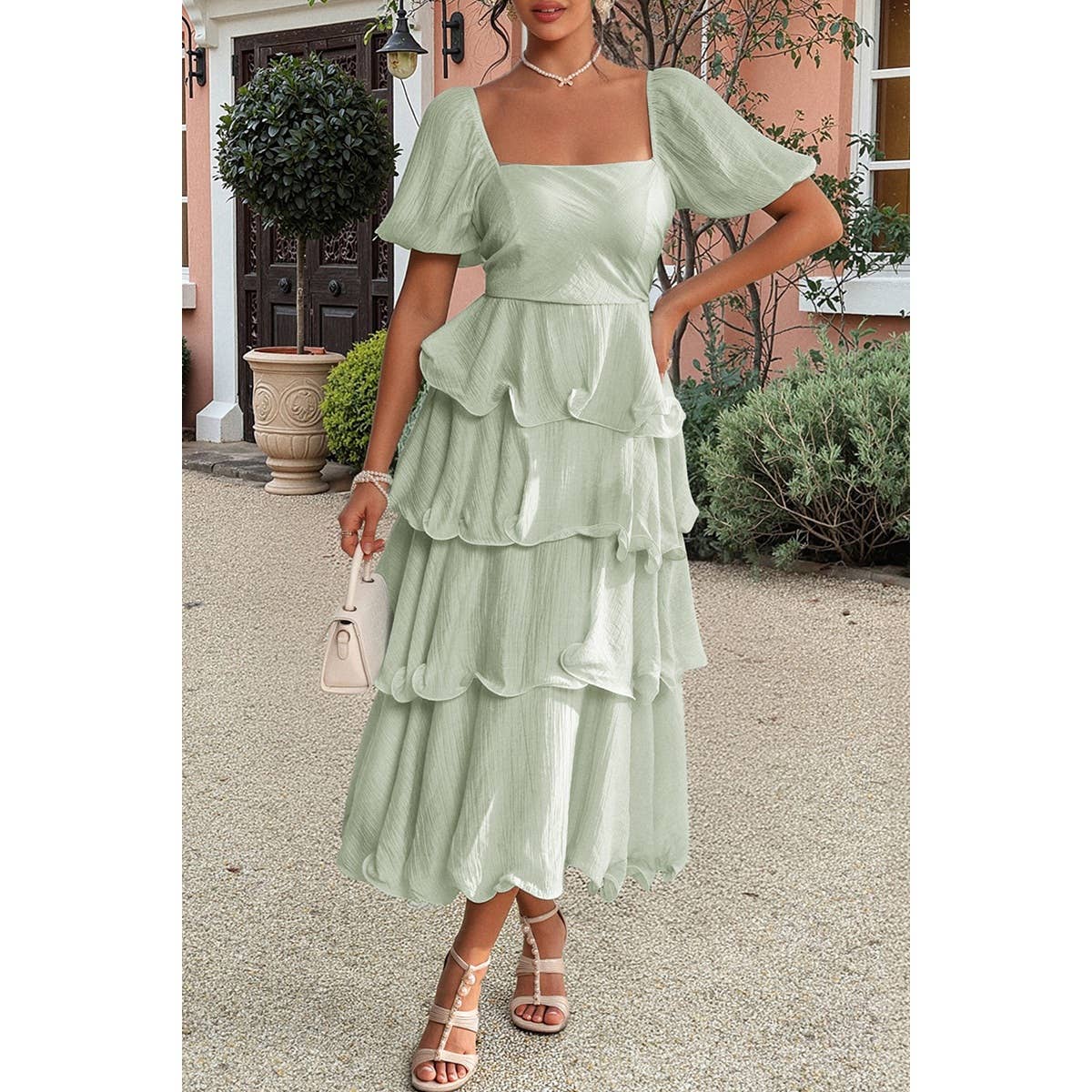 Supreme Fashion - Wholesale Dress - Women's - Off Shoulder Puff Short Sleeves Tiered Dress4