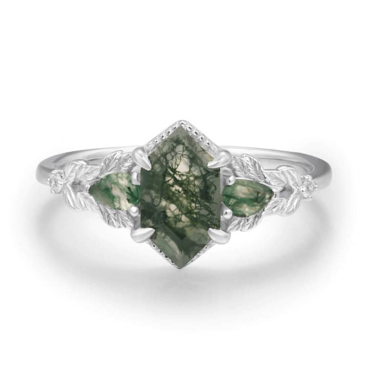 Gardenia Moss Agate Ring Solid White Gold for wholesale by Azura Jewelry