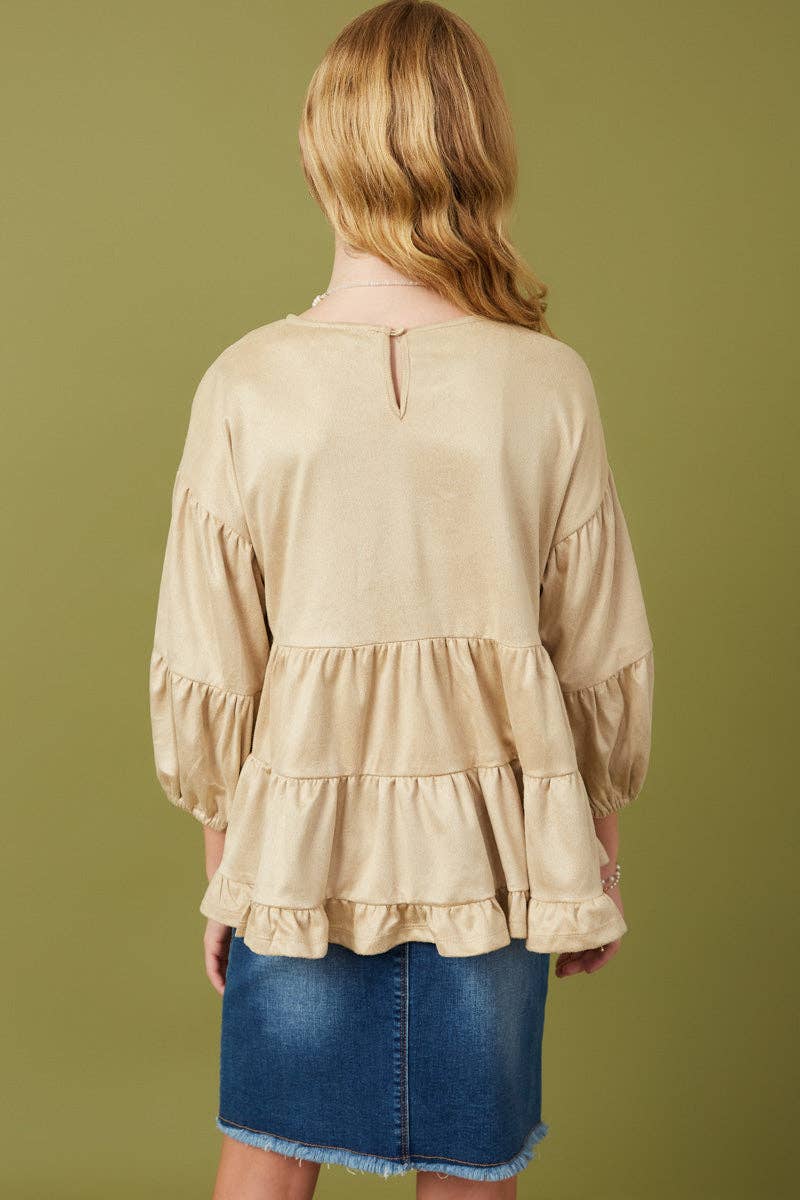 Hayden LA - Vendita all'ingrosso Maglietta - Bambini - Top vegano da ragazza con maniche a sbuffo a strati in pelle scamosciata4