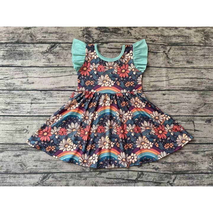 Aier Wholesale - Wholesale Dress - Kids - Baby Girls Groovy Rainbow Flowers Knee Length Dresses1