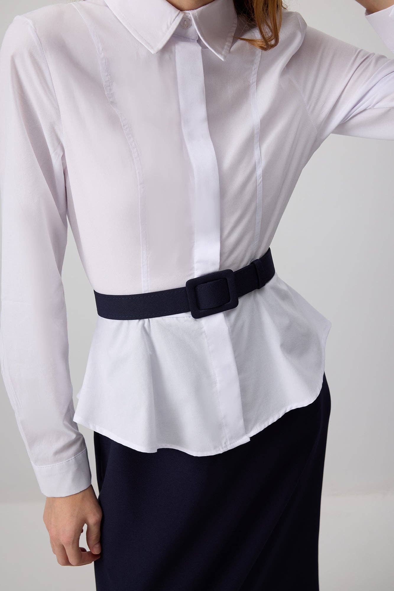 Navy Blue Belted White Poplin Shirt Dress with Pleated Hem  for wholesale on Faire6