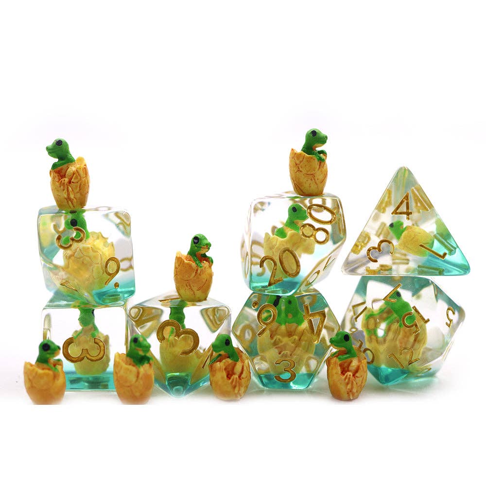 Tabletop Dominion Limited - Wholesale Dice - Green Hatchling Dragon | Resin Inclusion Dice | 7 Piece Set3