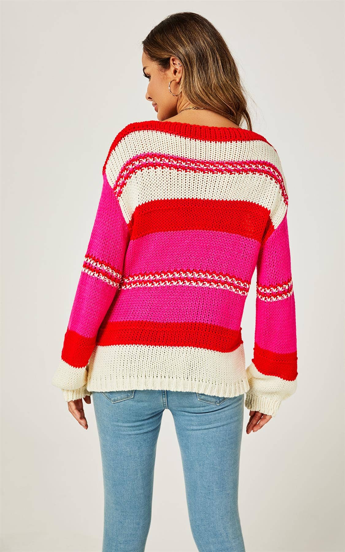 FS Collection (Germany) - Wholesale Knit Sweater - Women's - Stripe Block Colour Relaxed Knit Jumper Top In Cream & Pink5