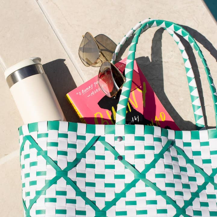 The Royal Standard - Wholesale Beach Bag - Tracey Woven Tote Emerald/White 17x14x5