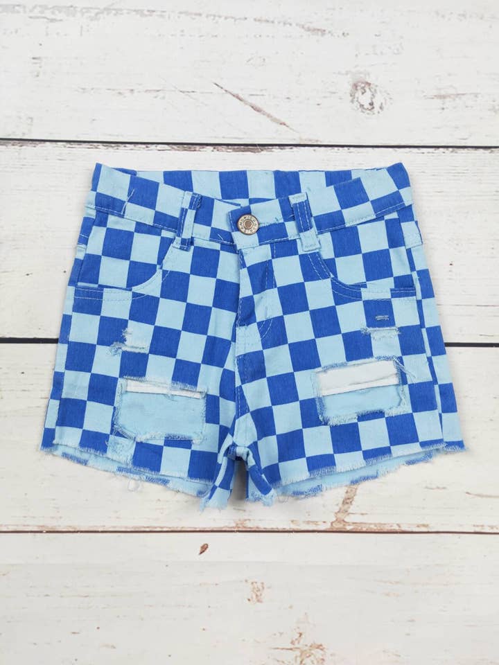 Girls Blue Checkered Denim Shorts for wholesale by sassy kids palace