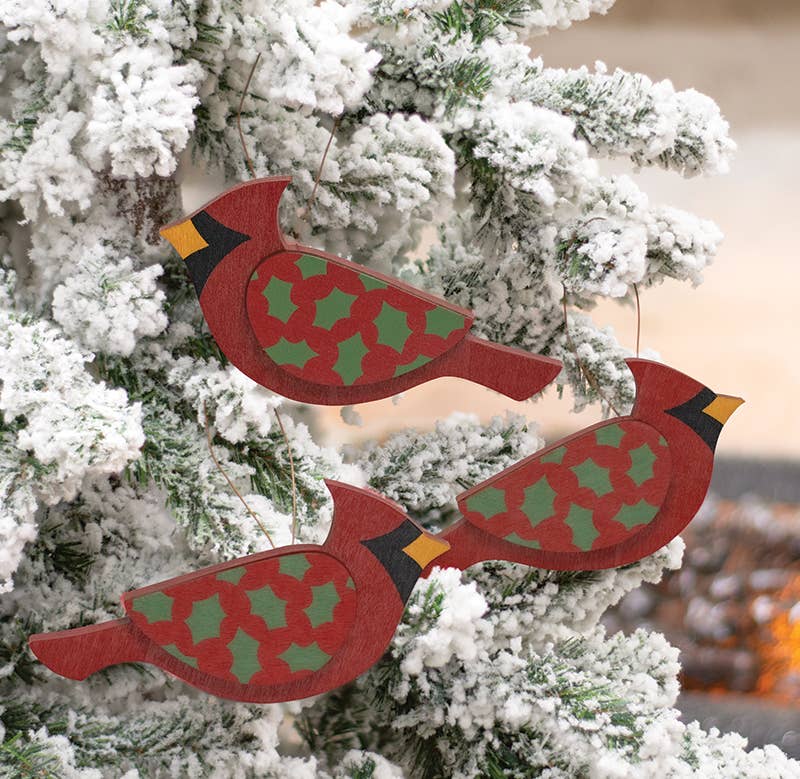 The Hearthside Collection - Wholesale Ornament Set - Wooden Holly Cardinal Ornament, 3 Assorted1