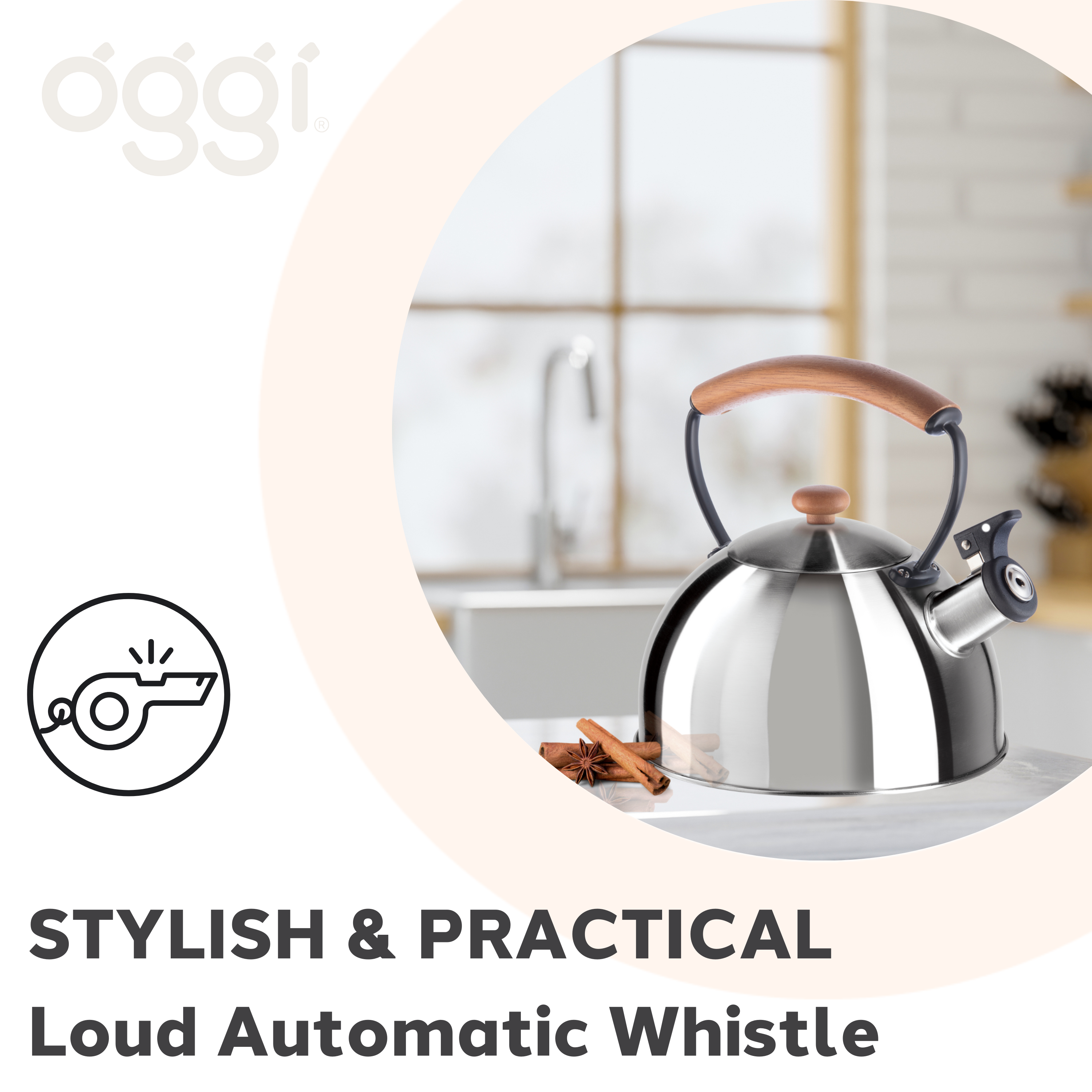 Oggi - Wholesale Kettle - Stovetop Kettle - Steel, Wood Handle, Whistle (1.9lt, 64oz)21