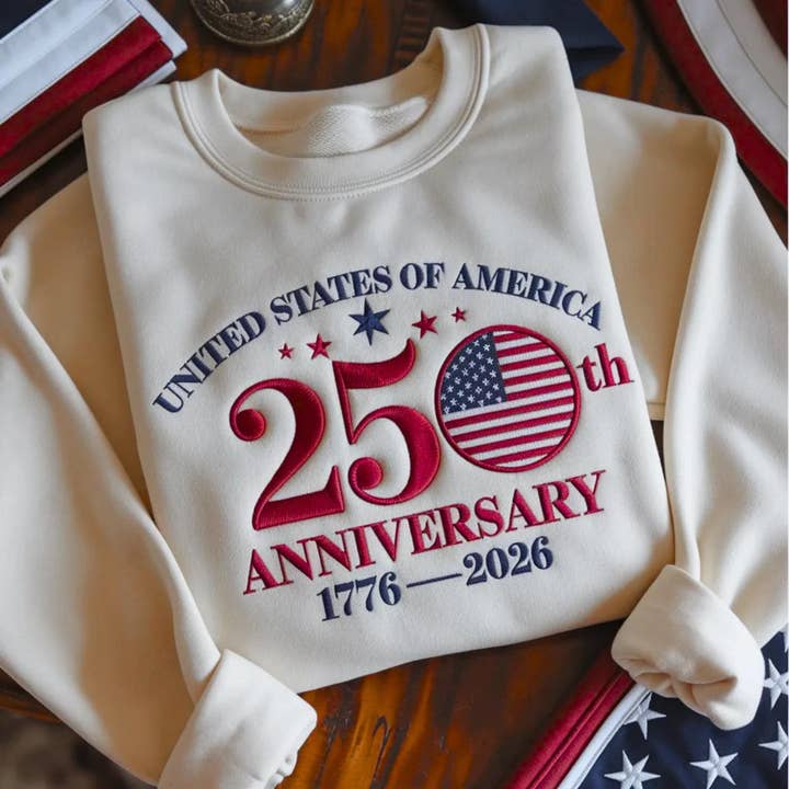 Embroidered USA 250th Anniversary Sweatshirt, Patriotic Tee for wholesale by ClevorFit
