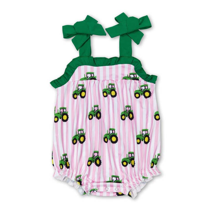Pink stripe tractor straps baby girls farm romper for wholesale by Yawoo Garments