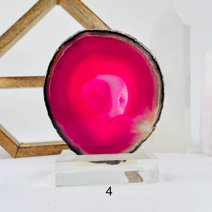 Rock Paradise - Wholesale Spiritual Stone/Crystal - Pink Agate Crystal Slice on Acrylic Stand YOU CHOOSE