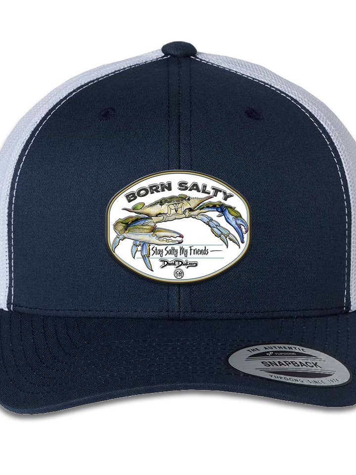 Born Salty Blue Crab 6 Panel Trucker Snapback Navy White Hat for wholesale by David Dunleavy