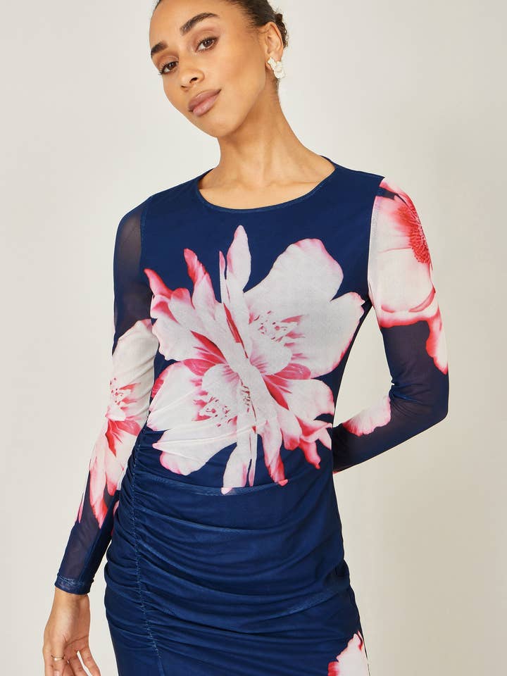 Yumi Navy Floral Placement Floral Long Sleeve Mesh Maxi Dress for wholesale by Yumi