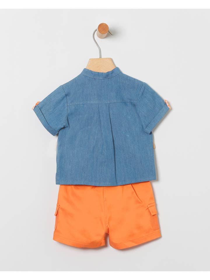 COCO ACQUA - Wholesale Top & Short Set - Kids - Denim Shirt and Orange Shorts Set with Embroidery