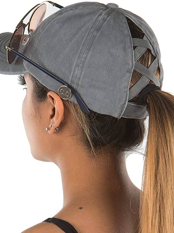 Criss Cross Ponytail Cap w/Buttons (Grey) for wholesale by Funky Junque