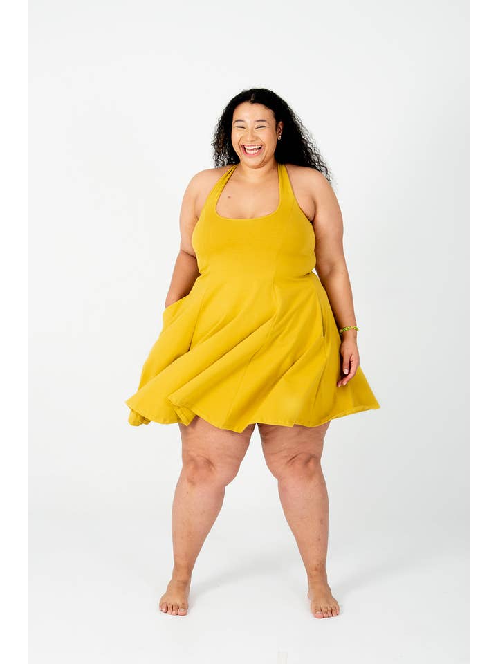 Asri Cross Back Mini Dress In Mustard Seed for wholesale on Faire