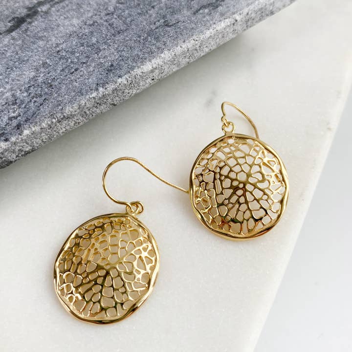 Gold Round Drop Filigree Earrings for wholesale by Almond Tree