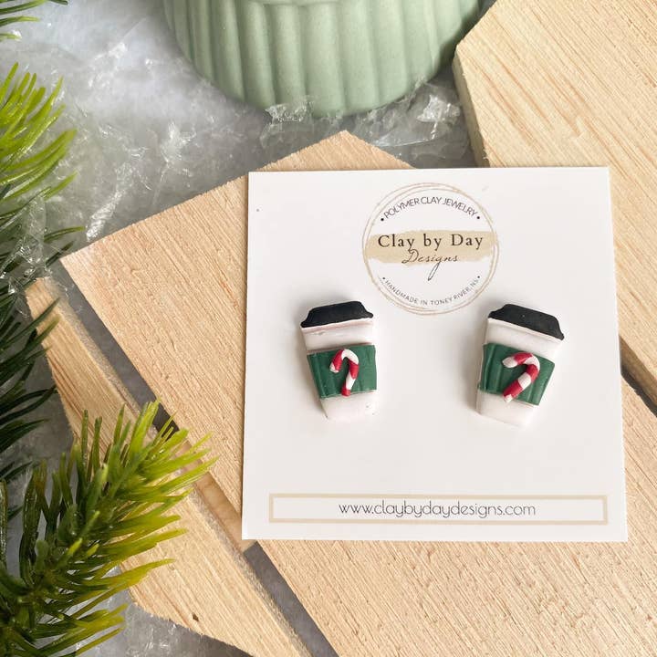 Clay by Day Designs - Wholesale Stud/Post Earrings - Peppermint Mocha Coffee Earrings - Clay Stud Christmas0