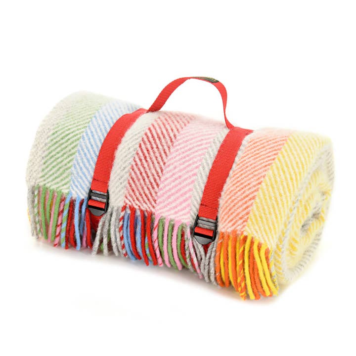 Tappeto da picnic Polo in pura lana vergine - Righe arcobaleno per la vendita all'ingrosso da parte di Tweedmill Textiles