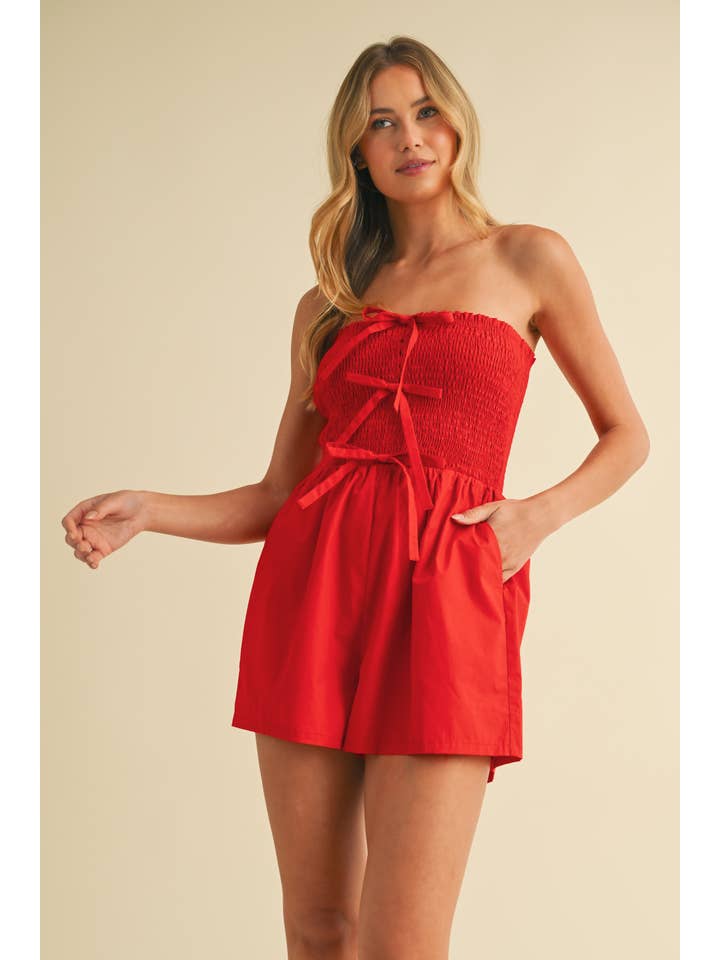 Klesis - Wholesale Romper - Women's - IR2235 STRAPLESS SMOCKED BOW DETAILED ROMPER