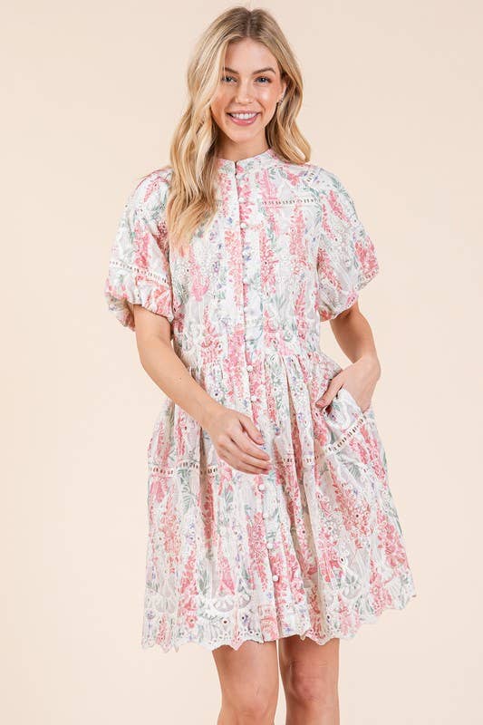 Pink Multi Floral Eyelet Lace Mini Shirt Dress, OD51255 for wholesale on Faire7