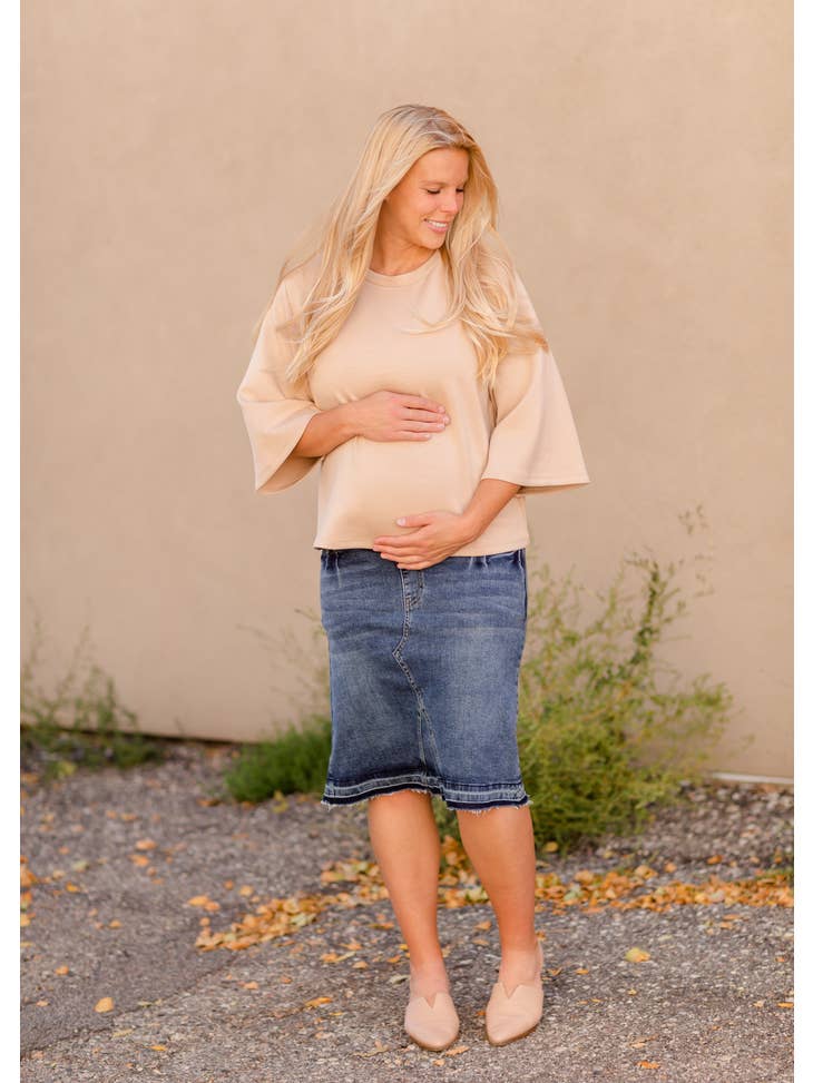 Wholesale Sophie Maternity Distressed Raw Hem Denim Midi Skirt for