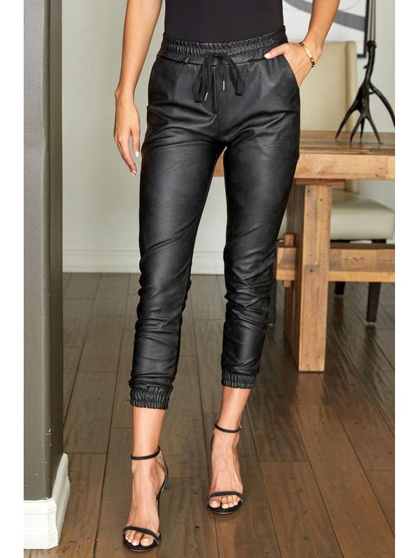 VENTI6 - Wholesale Pants - Women's - PU ELASTIC WAISTBAND ELASTIC ANKLE JOGGERS (97800-PU)