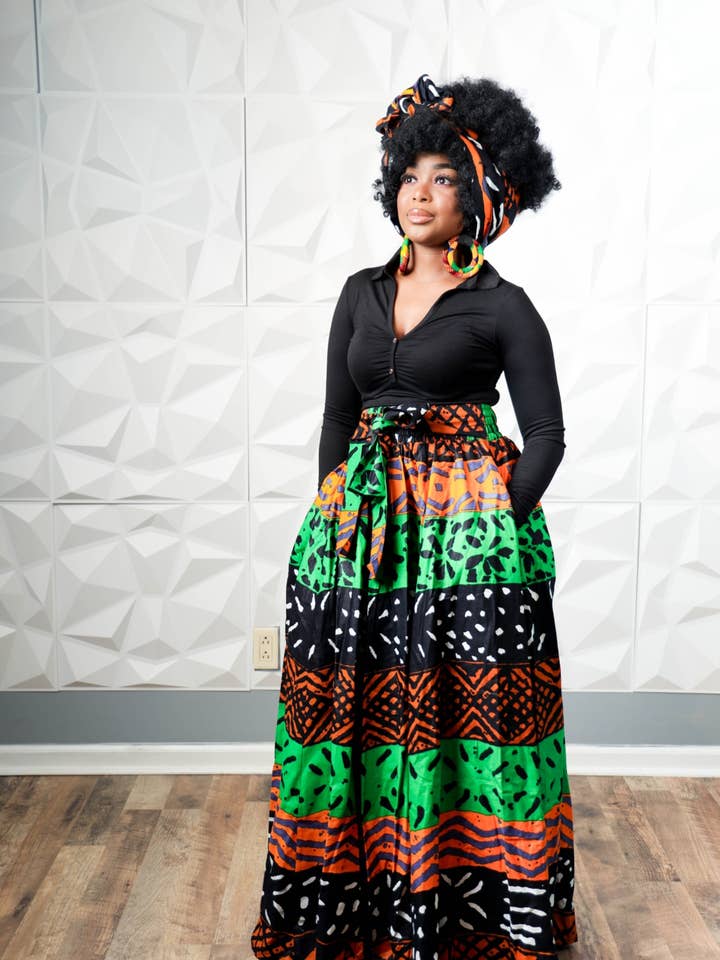 Ankara Maxi Skirt with Matching Headwrap- African Print for wholesale by Kkunda LLC
