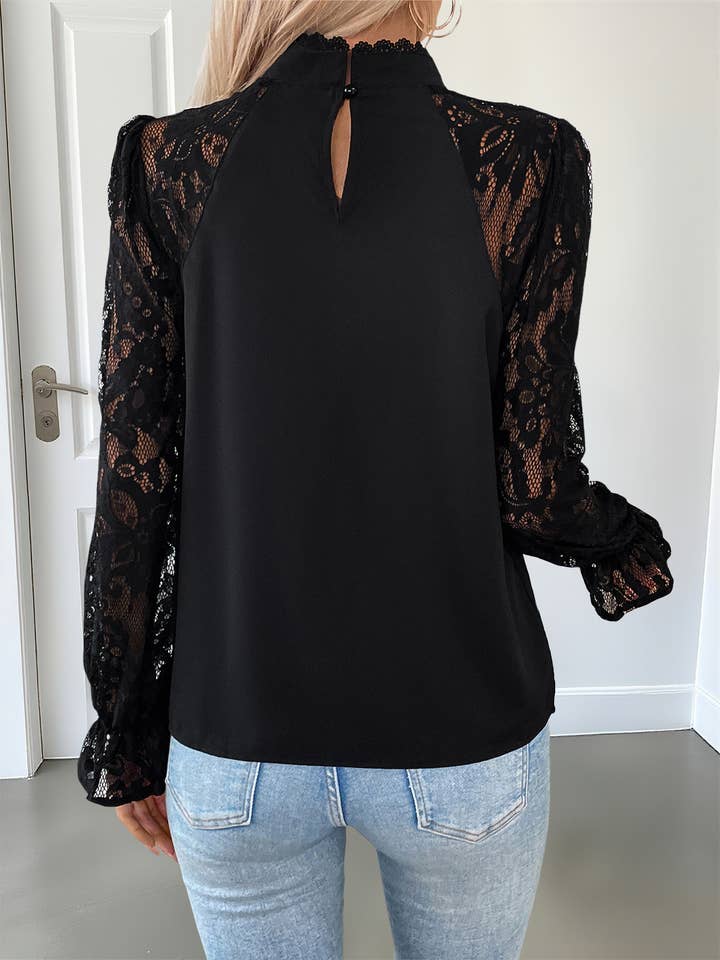 Black Lace-Sleeve Pintuck Mock-Neck Top for wholesale on Faire5