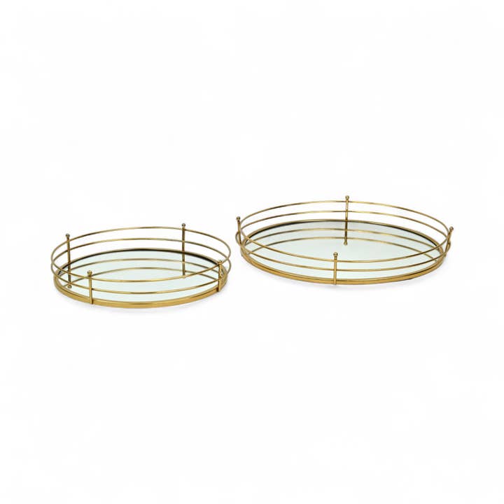 Cheungs Home Decor - Wholesale Decorative Tray - Set of 2 Round Metal & Mirror Trays | Gold | Double Row Rim3