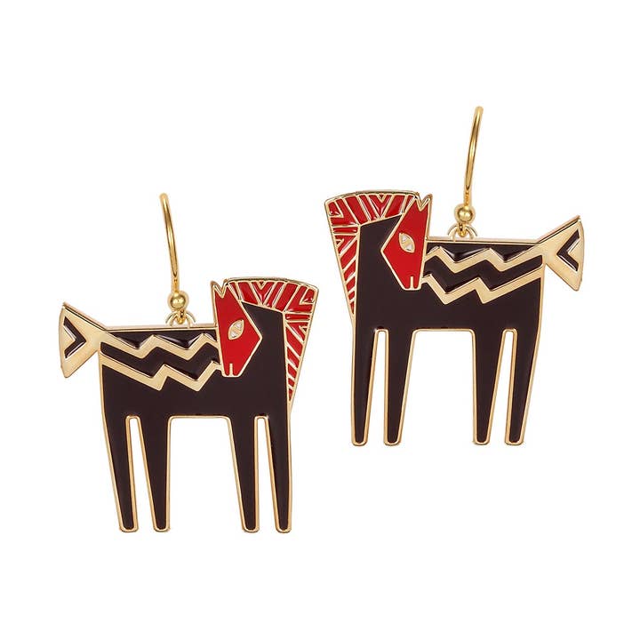 Boucles d'oreilles Temple Horse, dorées/noires pour la vente par Laurel Burch Studios