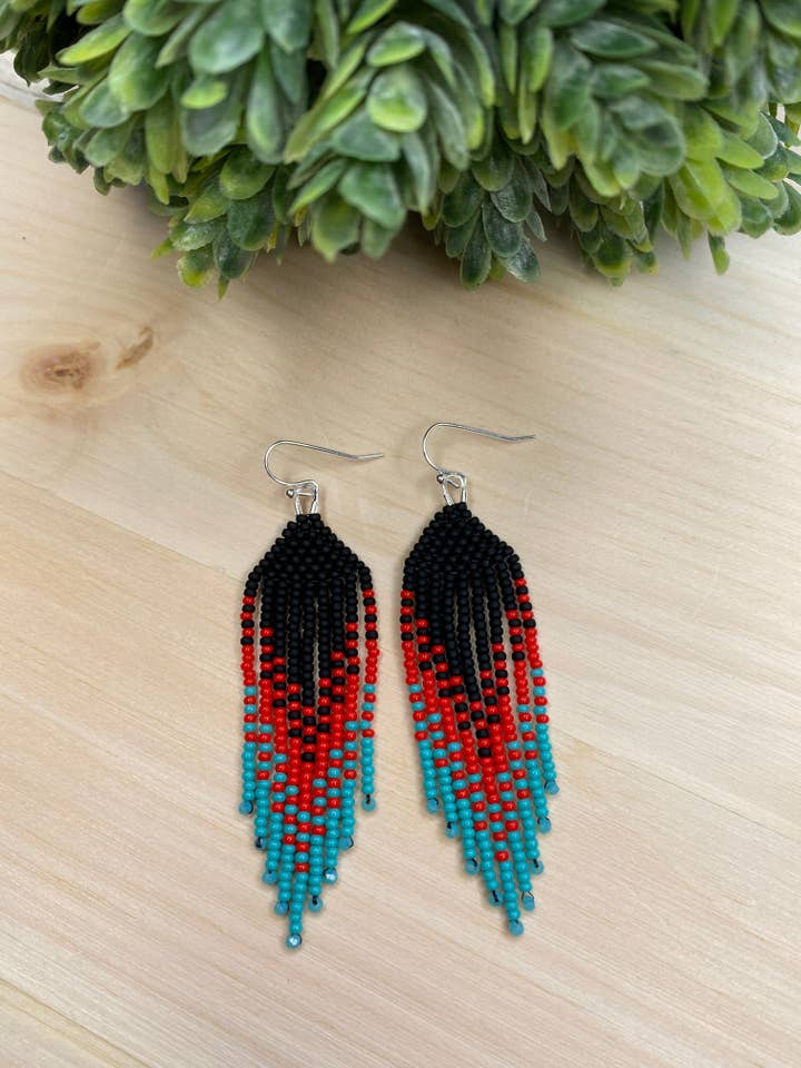 Black Boho Fringe Earrings With Red and Teal Accents for wholesale by Hazel Earth Design