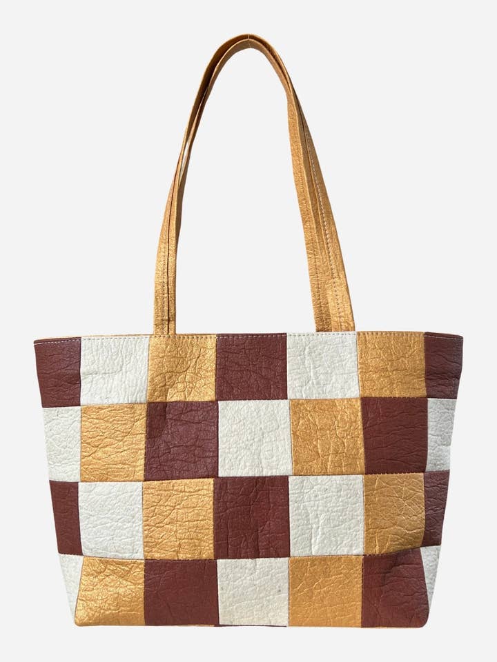 Large Tote, Checkered Patchwork Antique Gold/Natural/Canela for wholesale by Ceibo
