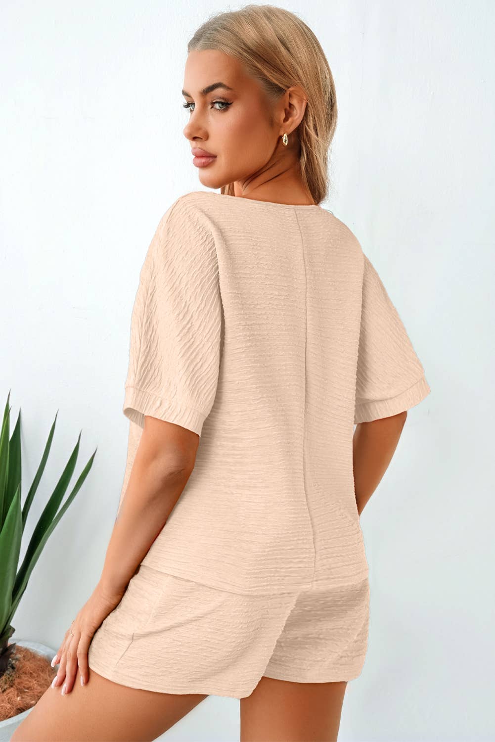 LA Society - Wholesale Lounge Set - Women's - Textured V-Neck Tee and High Waist Shorts Lounge Set3