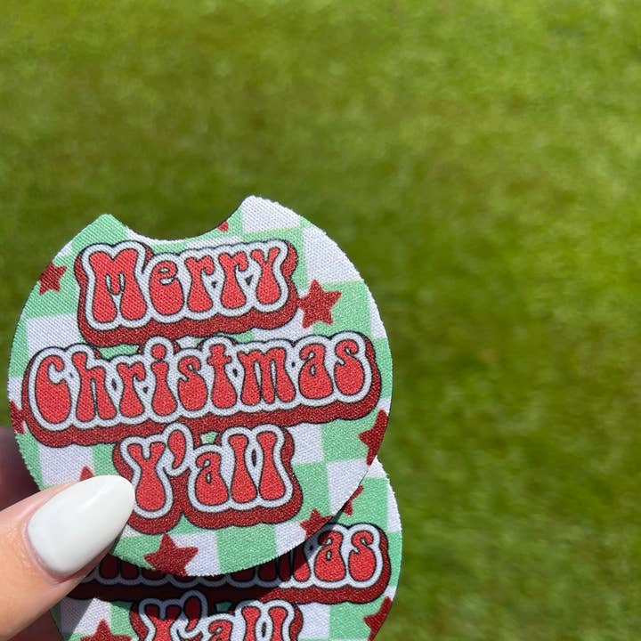 Merry Christmas Y’all Car Coaster Set for wholesale by SarahMackenzieStudio