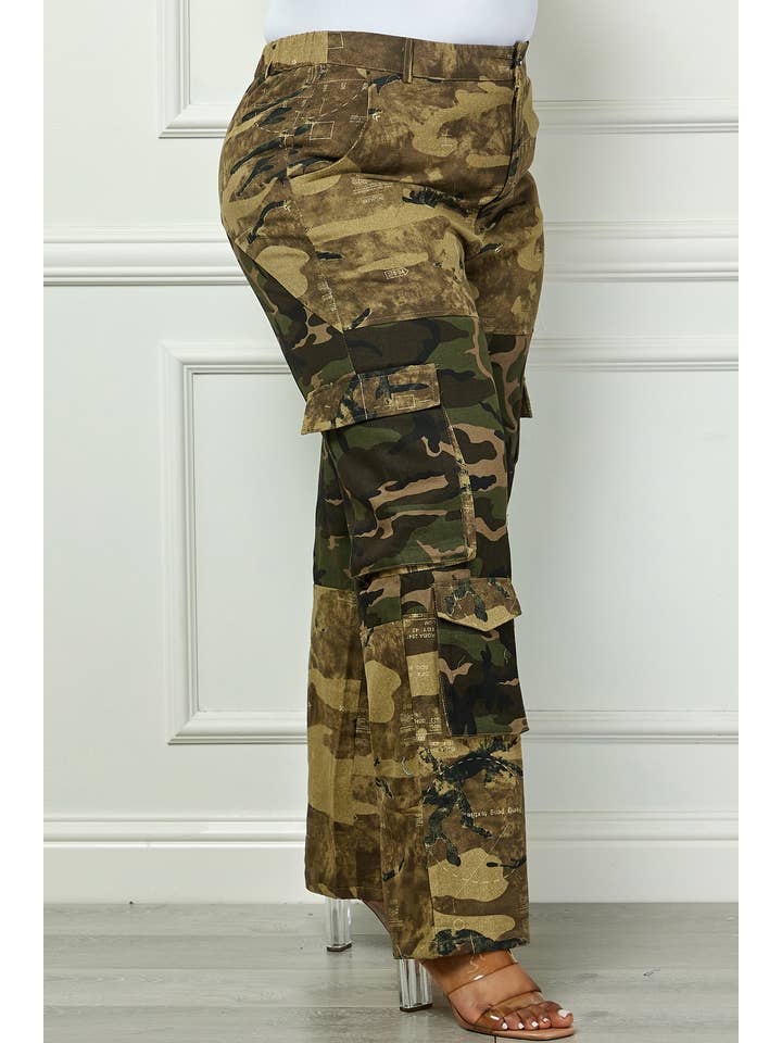G Camou Plus Camo High Waisted Side Pockets Cargo Pants for wholesale on Faire