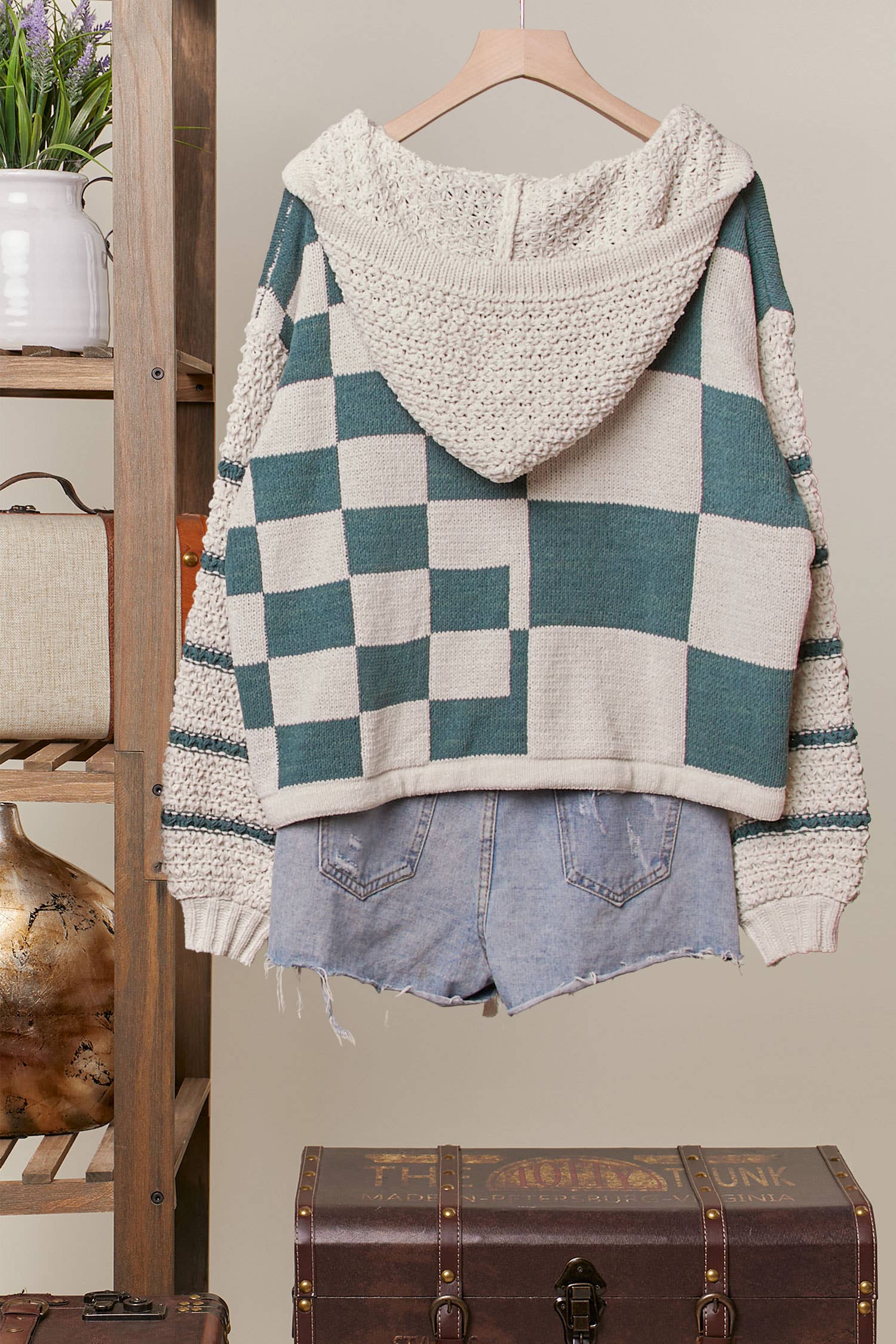 Mello. - Wholesale Knit Sweater - Women's - Hooded Multi Checker Drawstring Sweater14