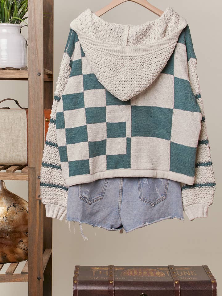 Mello. - Wholesale Knit Sweater - Women's - Hooded Multi Checker Drawstring Sweater14