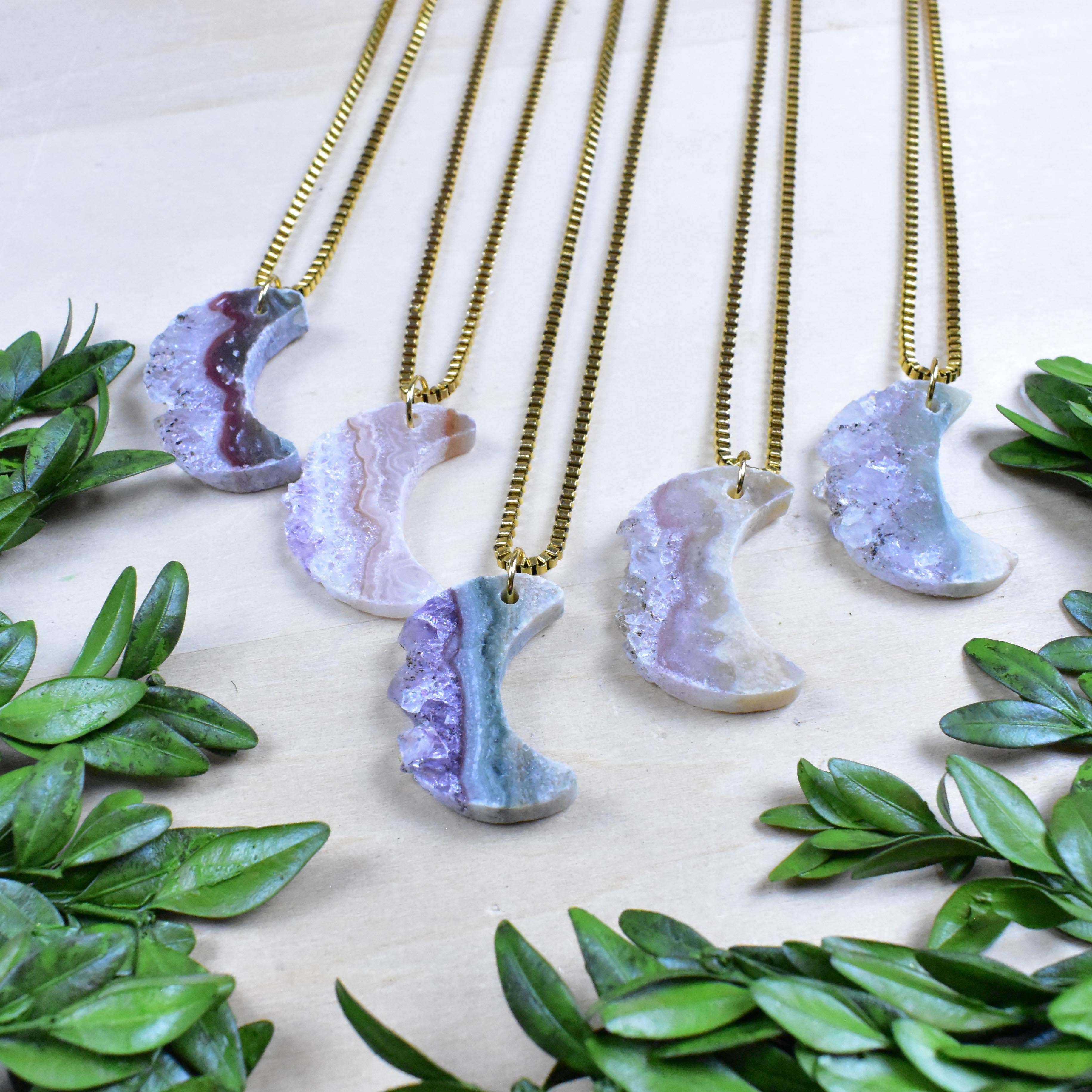 Ewelina Pas Jewelry - Wholesale Pendant/Charm Necklace - Gold Raw Crescent Moon Amethyst Slice Necklace1