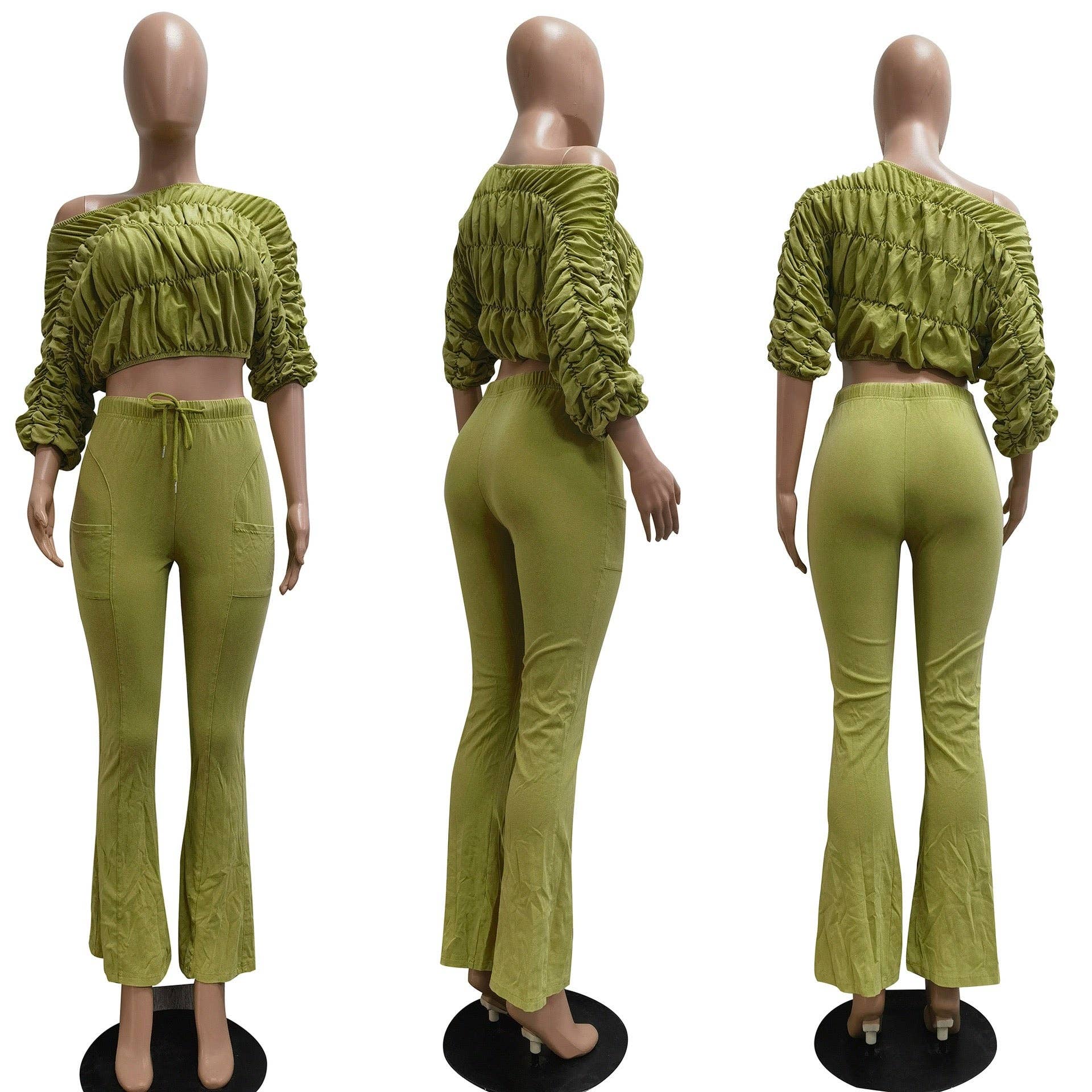 MB Fashion Wholesale - Wholesale Top & Pant Set (NOT Loungewear) - Women's - MB FASHION Ruched Off-Shoulder Top & High-Waist Flared Pants Set 953219