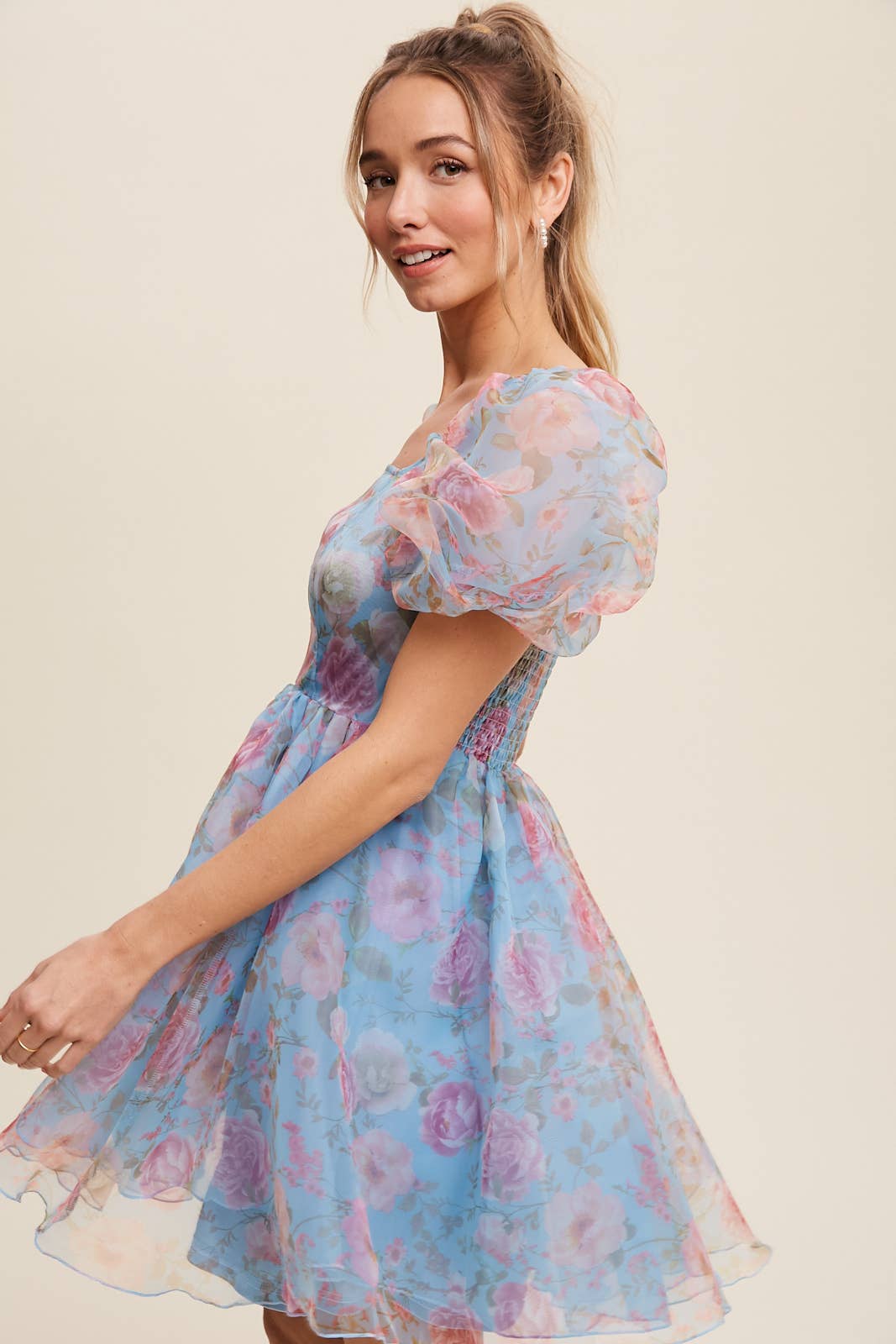 Listicle - Wholesale Dress - Women's - Floral Puff Sleeve Organza Mini Dress6
