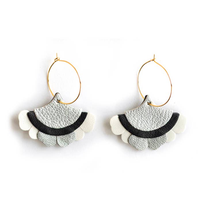 Fan Petal Earrings – Grey Silver Black White Leather for wholesale by Chenoha Studio