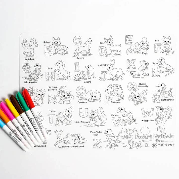 Miminoo - Wholesale Coloring Mat - Kids & Baby - Silicone Reusable Coloring Mat & Markers Set - Desert Animals ABC3