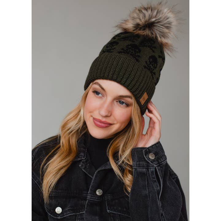 Panache Apparel Co. – wholesale Beanie – Women's – Olive Skull Pattern Pom Hat