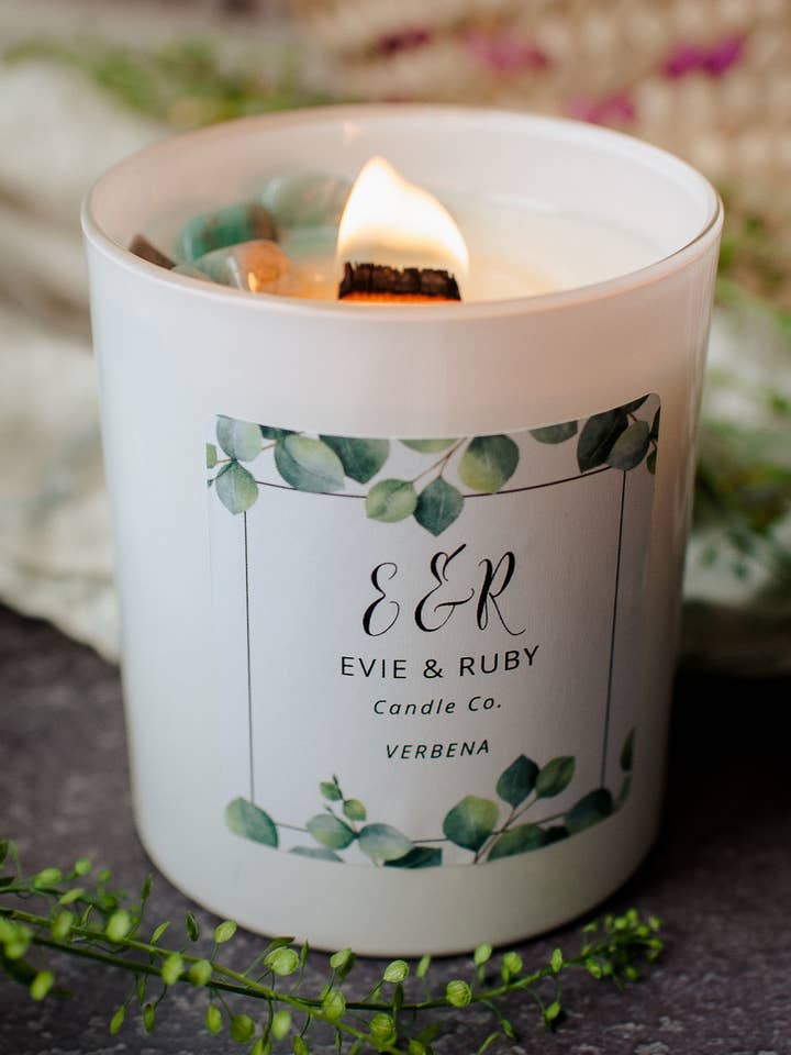 Verbena Calm Collection Kaars met amazoniet edelstenen voor wholesale door Evie & Ruby Candle Co