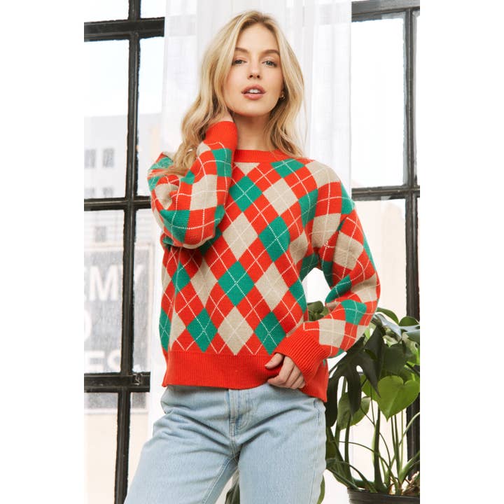 Sweet Generis - Wholesale Knit Sweater - Women's - HOLIDAY ARGYLE PATTERN DROP SHOULDER PULLOVER SWEATER8